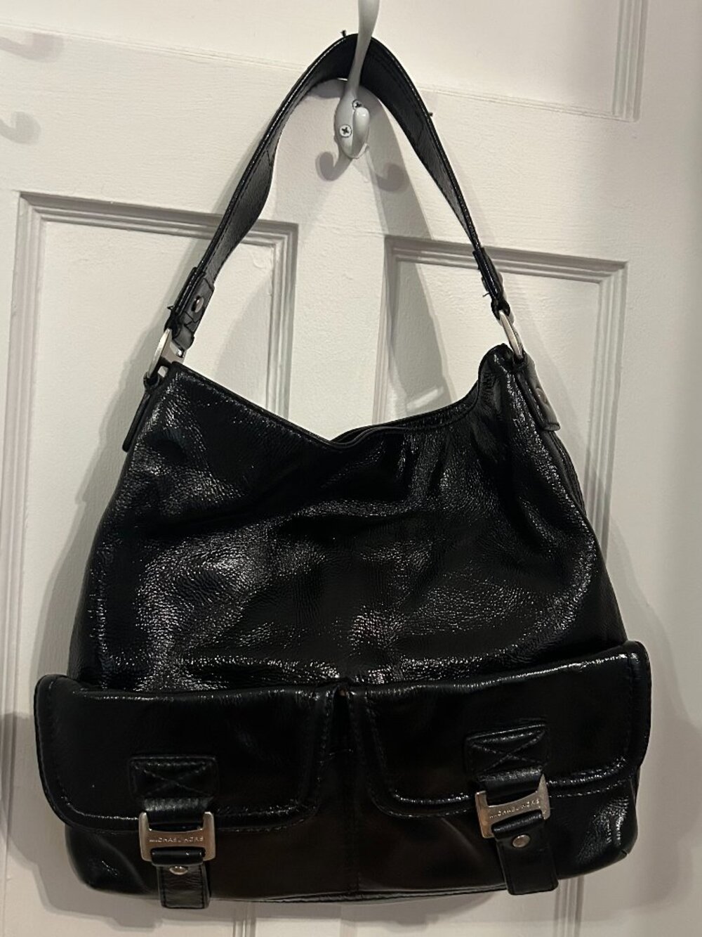 Michael Kors Black Patent Leather Hobo Bag | Silver Hardware | Good Condition